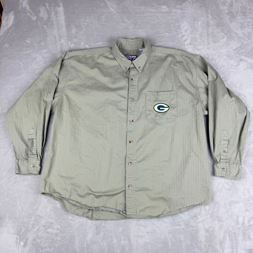 VTG Logo 7 NFL Green Bay Packers Shirt Mens 2X Khaki Button Down Y2K 90s Y2K
